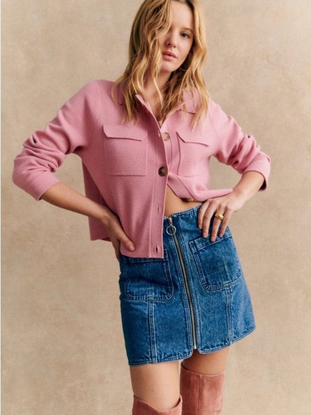 SEZANE NWT Rose Pink Fine Knit 100% Merino Wool Collared Betty Cardigan Sweater - Picture 14 of 14